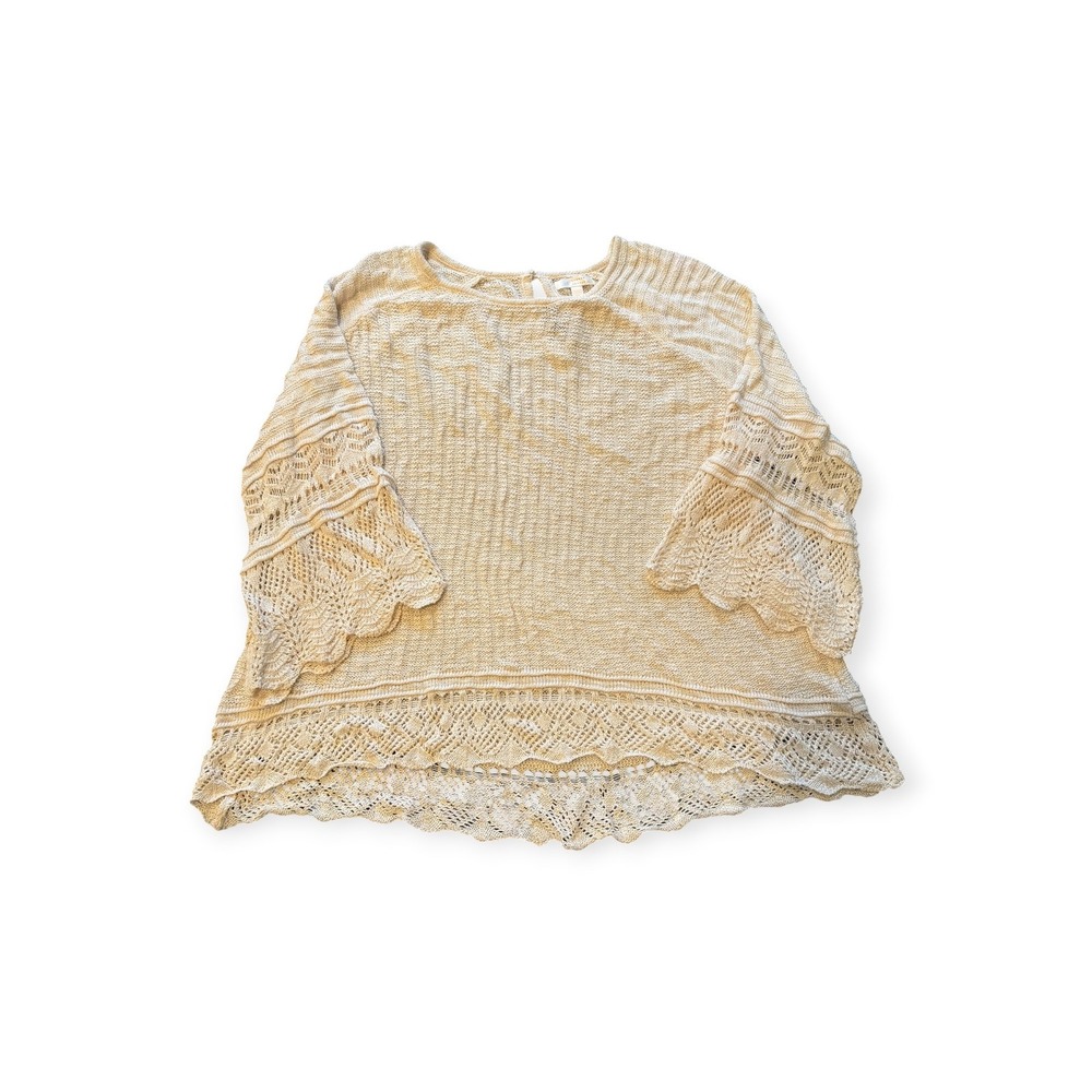 Lauren Conrad Cream Knit Crochet Bell Sleeve Sweater Top 1X Beige Pointelle